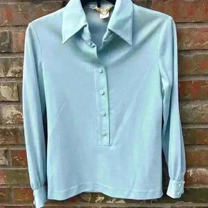 Vintage 60/70s Baby Blue Polyester Joe Frank of Houston Blouse Size 8